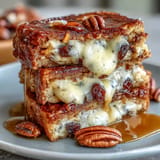 Layered Easy Capirotada with toasted bread, sweet piloncillo syrup, raisins, and cheese, baked until golden and bubbling.