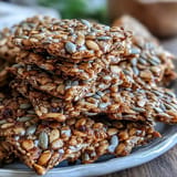 Wholesome homemade seed crackers baked to crunchy perfection, featuring a blend of flax, sunflower, and sesame seeds.  