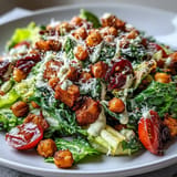 Delicious vegan Caesar salad featuring tender romaine and spiced, crispy chickpea croutons.