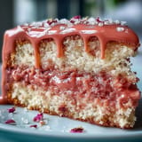 A beautiful bridal shower rosé velvet cake featuring a luxurious gold ganache drip.