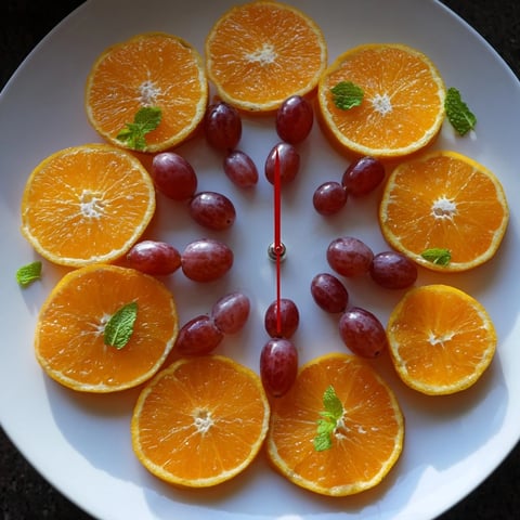 A colorful Grape and Orange Slice Clock Face, a cheerful fruit brunch with juicy orange slices.