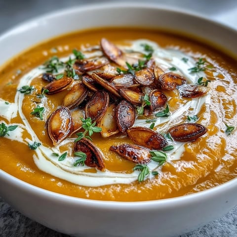Steaming bowl of Roasted Butternut Squash Soup topped with pumpkin seeds, resting beside a slice of crusty bread.