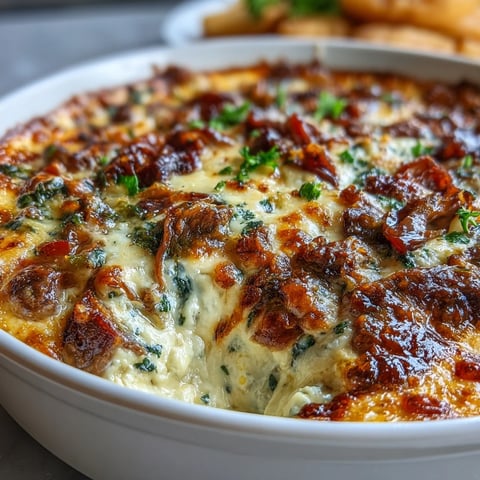 Golden, bubbly Philly Cheesesteak Dip in a baking dish, topped with melted provolone and ready to serve with toasted crostini.