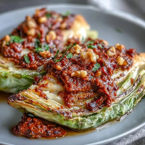 Golden-brown roasted cabbage wedges glistening with oil, generously drizzled with a bold, nutty winter romesco sauce. 