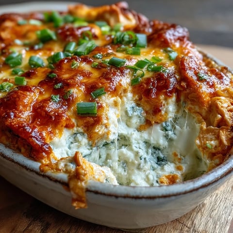 Golden, bubbly Buffalo Chicken Dip in a white baking dish, topped with melted cheese and fresh green onions for a spicy party appetizer.