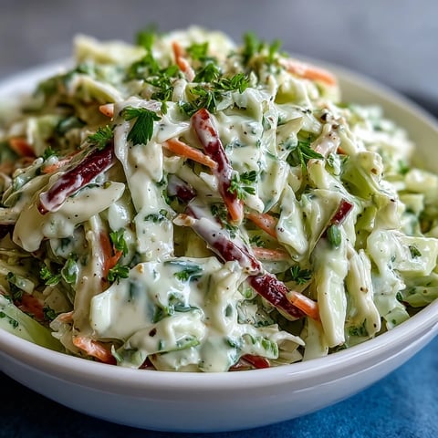 Bright, creamy Coleslaw With Creamy Dressing piled high in a white bowl, garnished with fresh parsley and a sprinkle of celery seed.