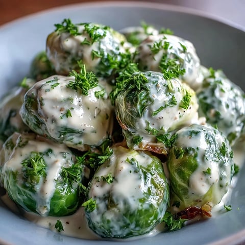 A close-up of Brussels sprouts in cream cheese-mustard sauce, garnished with fresh parsley and served warm alongside roasted chicken for dinner.