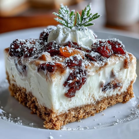 Festive Christmas Cheesecake Slab with spiced cream cheese and whipped cream topping, ready to slice. 