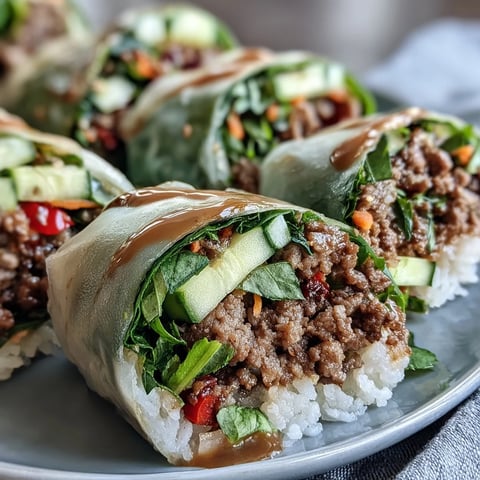 Close-up of Thai Basil Beef Rolls with sautéed beef, Thai basil, and crisp veggies wrapped in rice paper.