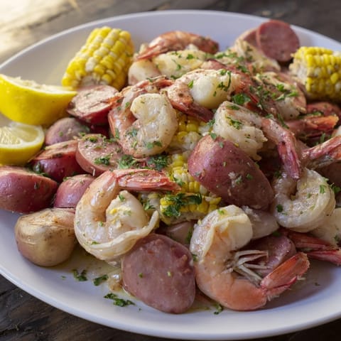 A close-up of a flavorful seaside-inspired shrimp boil, full of vibrant colors and textures.