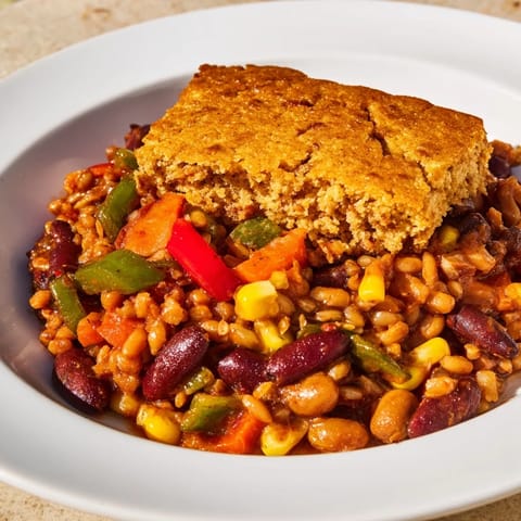 A close-up image shows the textures of the hearty rustic wheat chili with cornbread.