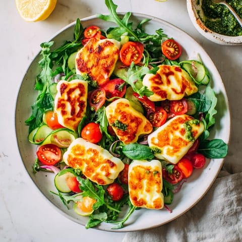 Fresh basil pesto coats grilled halloumi, complementing colorful tomatoes in this light Mediterranean halloumi recipe.