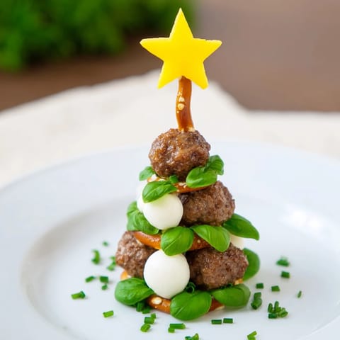 These savory mini meatball Christmas trees feature juicy meatballs with fresh mozzarella toppers.