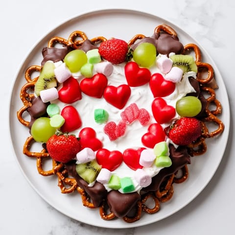 A festive Grinch's Heart Pretzel Board with pretzels, fruits and, festive candies for a fun snack.
