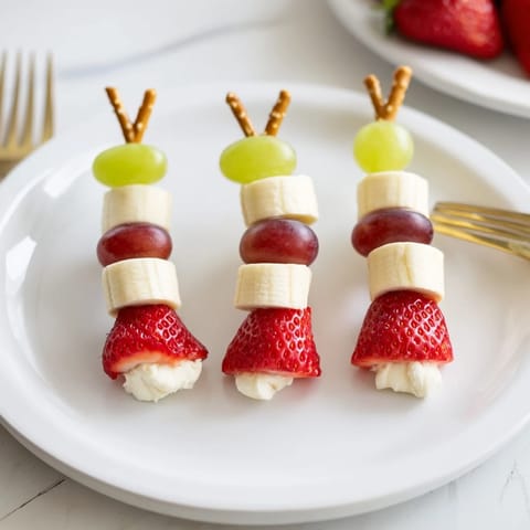 Freshly assembled Elf Hat Strawberry Skewers showing red strawberries atop banana slices and grapes.