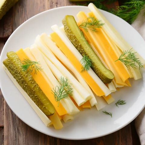 Arrangement of creamy sliced cheeses with bright green dill pickles makes a lovely Dill Pickles and Sliced Cheese appetizer.