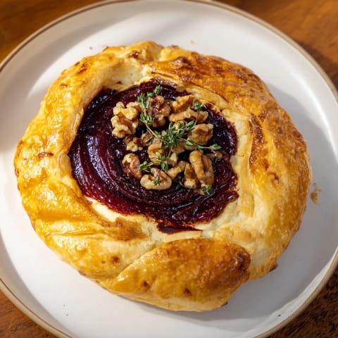Melted cheese and rich fig jam swirl in this beautiful Baked Brie, ideal for sharing.