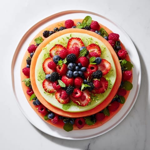 This colorful Fruit Platter features refreshing melon circles paired with juicy strawberry and berry layers.