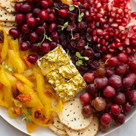 Appetizing Crimson & Gold Gala platter shows rich colors: red fruits and cheeses with golden vegetables.