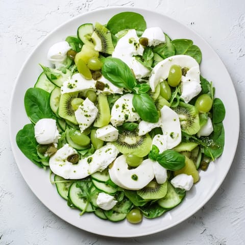 Emerald Isle Greenscape salad with creamy mozzarella river, a beautiful green vegetarian dish.