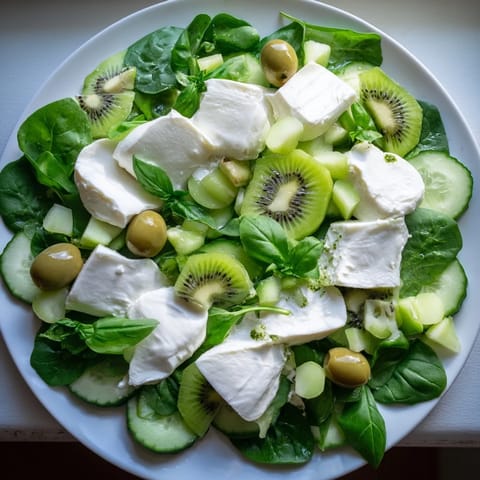 This vibrant Emerald Isle Greenscape salad features fresh spinach, kiwi, and grapes, arranged artfully on a platter.