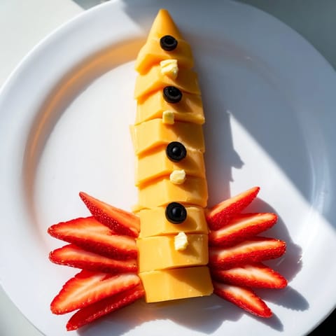 A vibrant Retro Rocket snack, featuring cheddar cheese and strawberry flames, ready for serving.