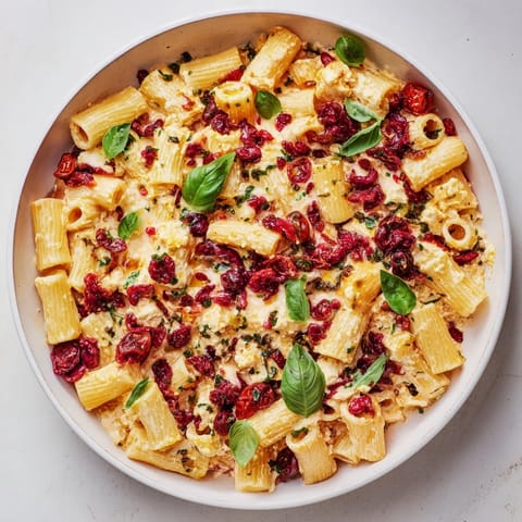 Baked Feta Pasta simmered with sweet cranberries, looks creamy and ready to enjoy with a glass of wine.
