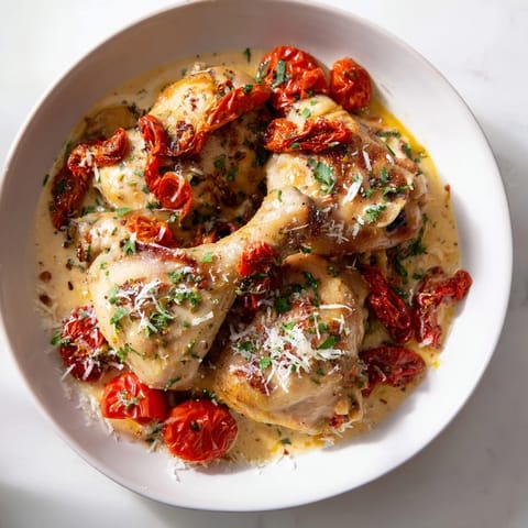 Rich, creamy Marry Me Chicken with sun-dried tomatoes, ready for a final dusting of parmesan "snow."