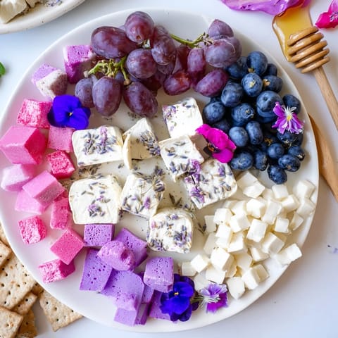 A beautifully arranged Lavender Haze Dreamscape cheese board featuring creamy cheeses, berries, and sweets ready to enjoy.
