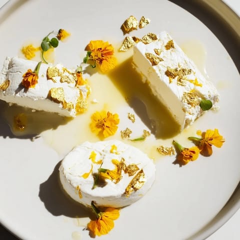 A close-up of the Gilded Lily cheese board, showcasing creamy cheeses and delicate gold flakes.