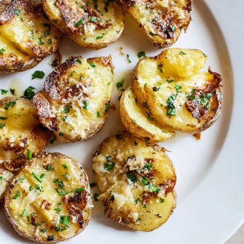 Savory Parmesan Smashed Potatoes with crispy, herb-infused exteriors and soft, tender centers.