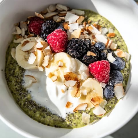 A close-up of vibrant Matcha Overnight Oats with a scattering of toasted coconut, ready to eat.