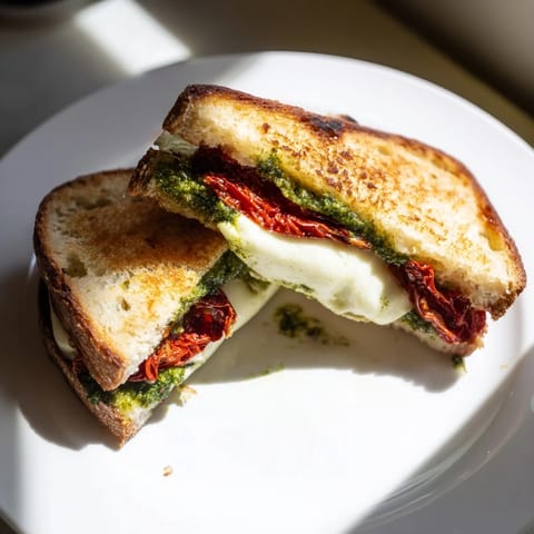 A warm Pesto Grilled Cheese sandwich with melted cheese, pictured ready to be sliced and enjoyed immediately.