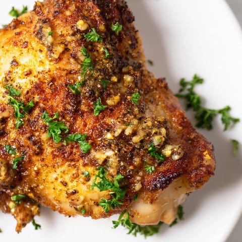 Air-fried or roasted, these savory Crispy Garlic Chicken Thighs boast juicy meat under a perfect garlic crust.