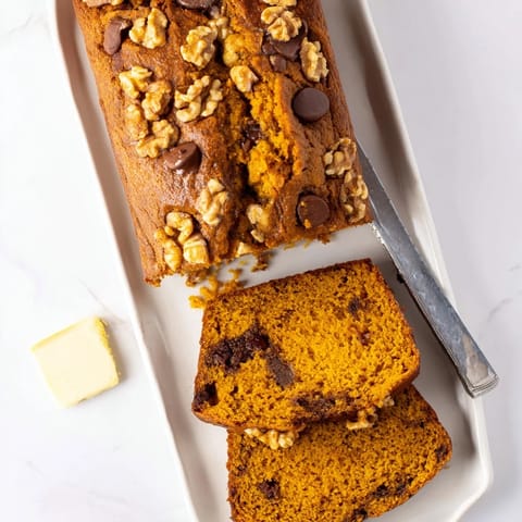 Golden-brown pumpkin bread loaf sliced to reveal a fluffy interior, with one piece spread with creamy butter for a comforting snack.  