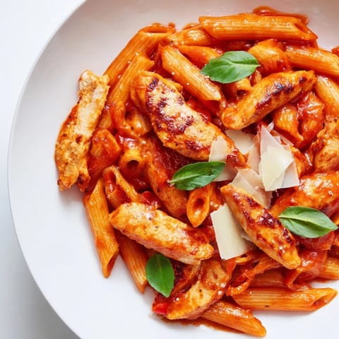 A close-up of Spicy Tomato Chicken Pasta reveals tender penne and juicy chicken, with steam rising from the rich, chili-infused tomato sauce.