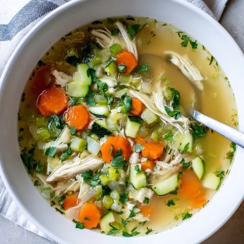 Spring Garden Chicken Soup steaming in a rustic bowl, garnished with bright parsley and lemon wedges for a fresh, comforting spring meal.