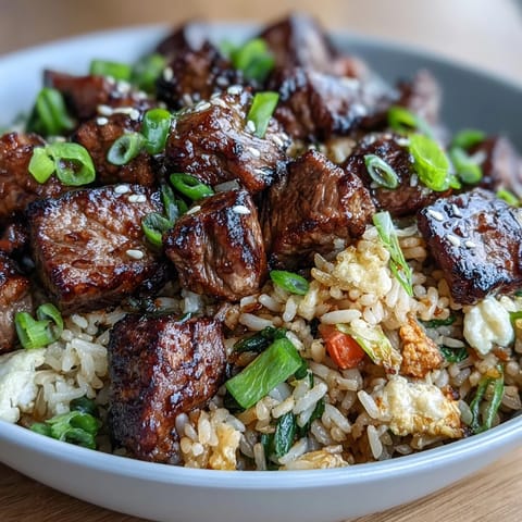 A close-up of a one-pan serving of Easy Hibachi Steak With Fried Rice, garnished with sesame seeds and fresh green onions.
