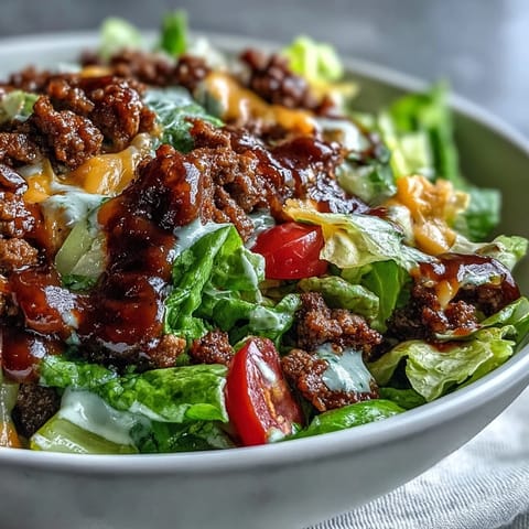 A close-up of Easy Big Mac in a Bowl shows seasoned ground beef, crisp lettuce, tomatoes, onions, pickles, and melted cheddar drizzled with special sauce.  