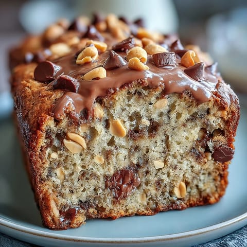 Delicious Chocolate Chip Peanut Butter Oatmeal Banana Bread ready for slicing and enjoying.