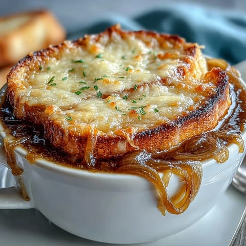 A close-up of Classic French Onion Soup in a rustic bowl, featuring deep brown caramelized onions swimming in rich golden broth, topped with a toasted baguette slice and a thick, bubbly layer of melted Gruyère cheese.