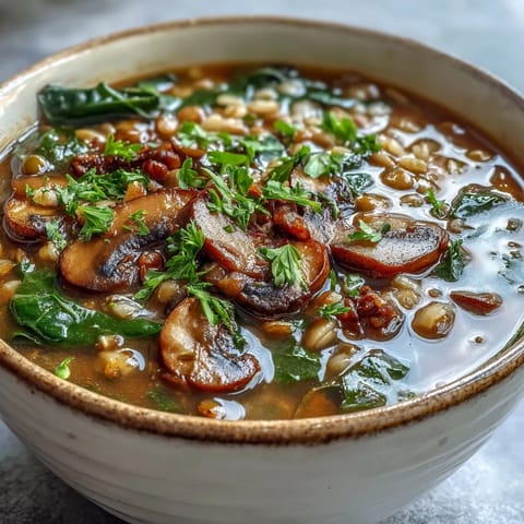 Steaming bowls of Double Lentil and Mushroom Barley Soup feature earthy sliced mushrooms and tender greens.