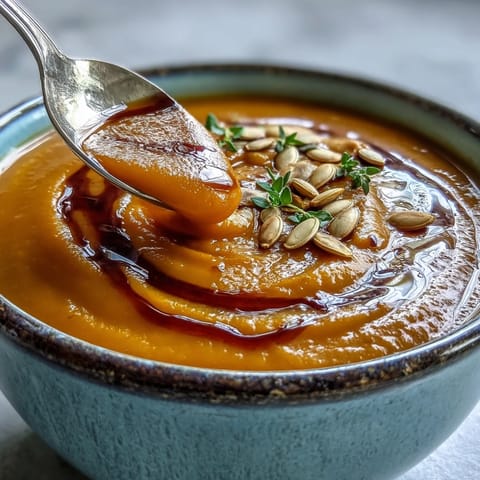 Vibrant orange Butternut Squash Soup, thick with roasted squash and swirled with coconut milk in a rustic bowl.  