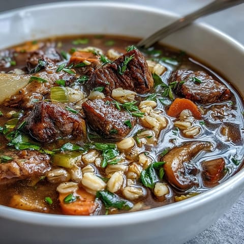 Beef and Barley Soup simmering with carrots and peas in a rich brown broth.