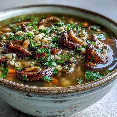 A close-up of hearty mushroom barley soup, featuring pearl barley and sliced mushrooms in a savory broth.