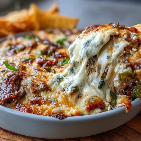 Gooey Philly Cheesesteak Dip with sautéed peppers, onions, and shaved ribeye, paired with crunchy baguette slices for game day snacking.