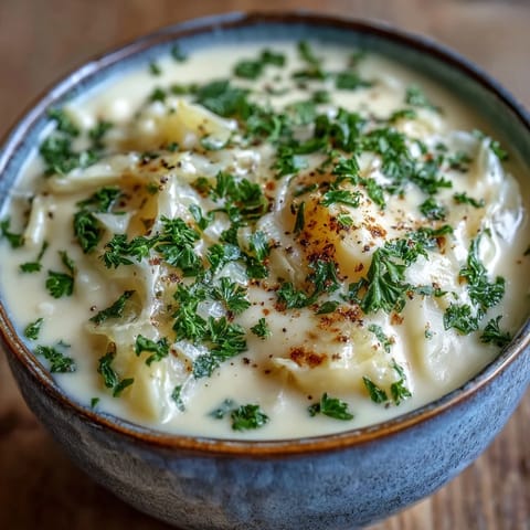 Velvety Creamy Potato Soup with Cabbage steaming in a white bowl, with a spoon ready for a cozy meal.