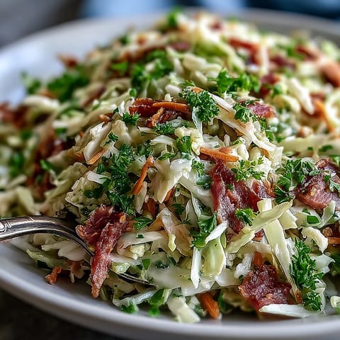 A vibrant bowl of German Cabbage Coleslaw with Shredded Ham, garnished with fresh parsley and ready to serve as a hearty side dish.