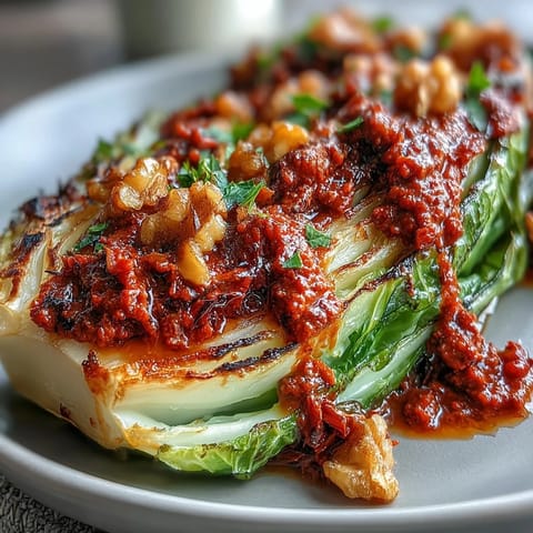 A close-up of tender Baked Cabbage Salad With Winter Romesco topped with fresh parsley and toasted walnuts. 