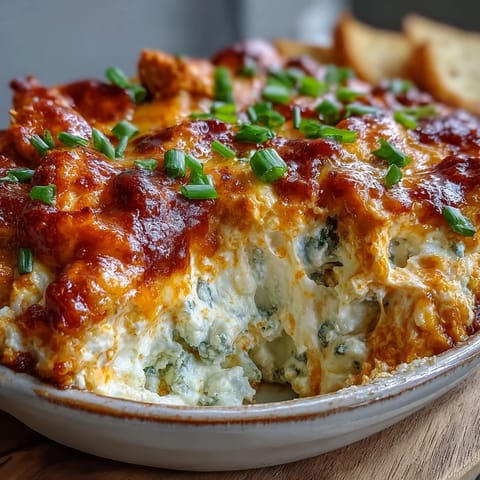 Freshly baked Buffalo Chicken Dip scooped onto a blue corn tortilla chip, highlighting its creamy, cheesy, and tangy texture.